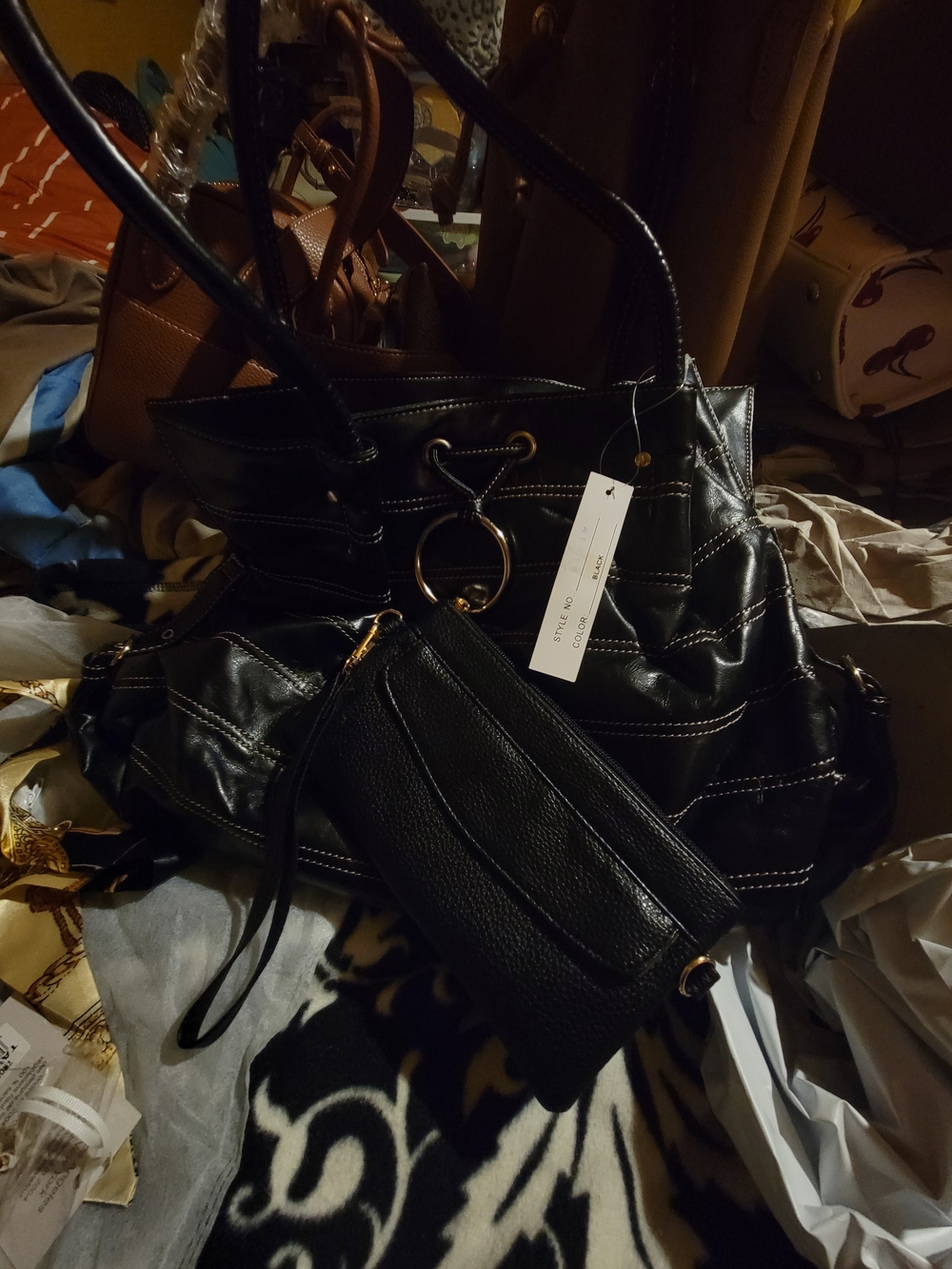 Black Women’s Shoulder Tote with Wristlet - Classic Black